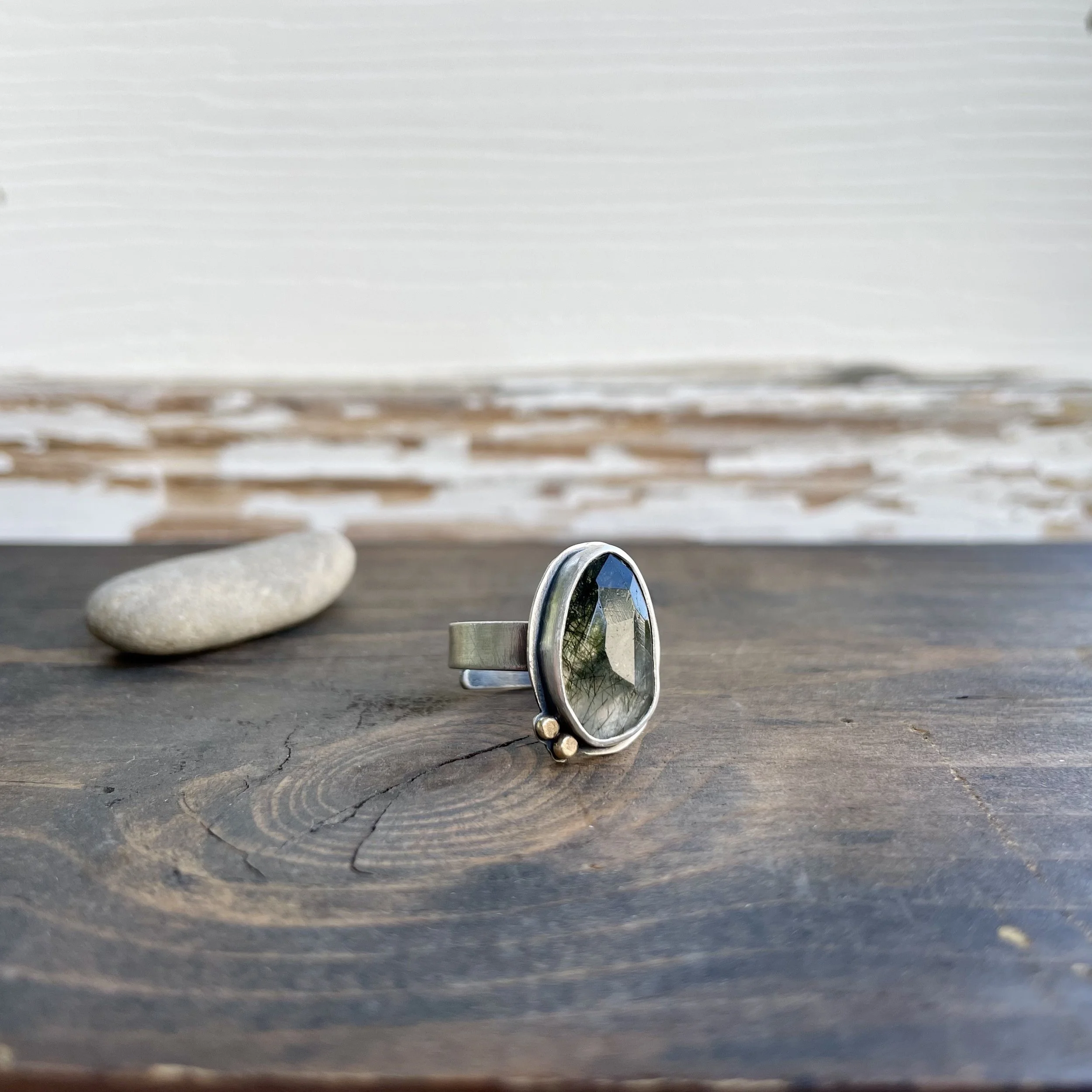 Tourmalinated Quartz Ring with 14k Gold Dot 2.0