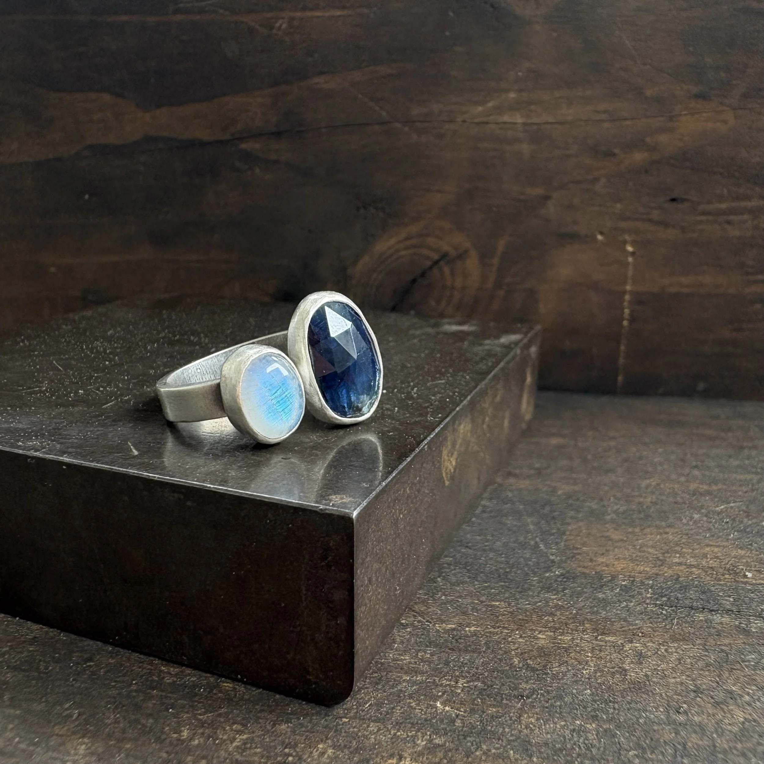 Rainbow Moonstone & Kyanite Double Stone Ring