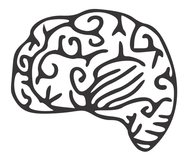 Illustration of a human brain with intricate, abstract patterns in black on a white background.
