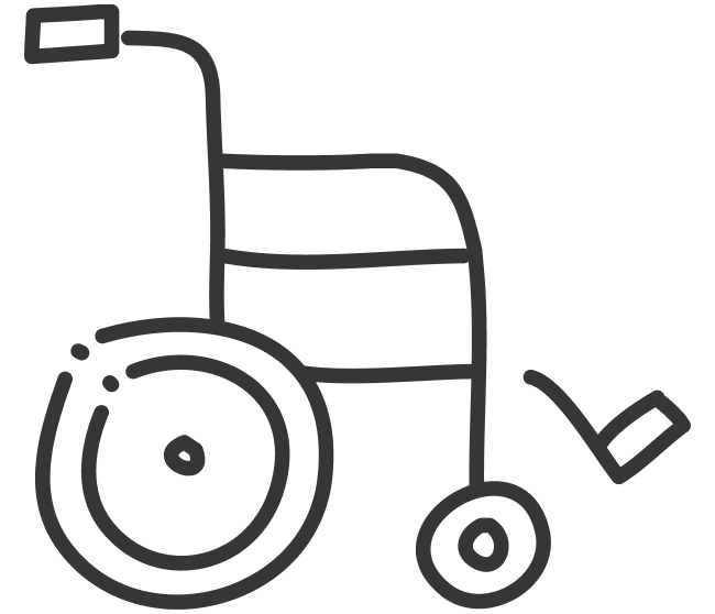 Simple black and white line drawing of a wheelchair with large rear wheel and smaller front wheel, and a handlebar.