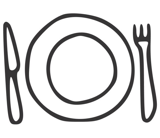 Simple line drawing of a dinner plate with a knife on the left and a fork on the right.