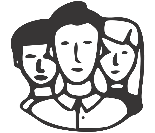 Outline illustration of three people with serious expressions, overlapping in a circular arrangement.