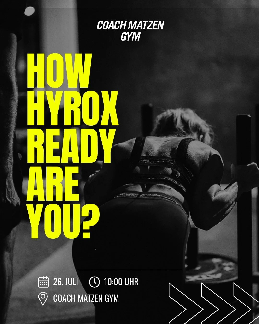 🏁 Wie HYROX-ready bist Du? 🏁

Genau das finden wir heraus 👉

Am Sonntag, den 26. Juli, veranstalten wir im COACH MATZEN GYM den HYROX Conditioning Test (HCT) &ndash; einen standardisierten Leistungstest, der Deine HYROX-spezifische Fitness messbar