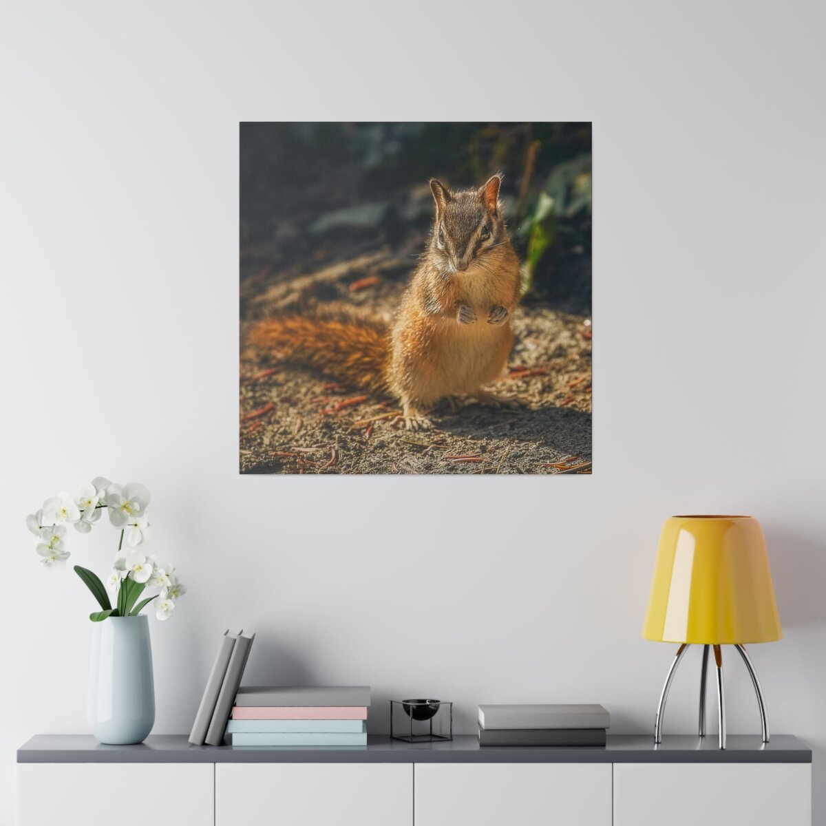 Cute chipmunk posing in adorable wildlife photography moment, printed on canvas. Perfect for nature enthusiasts and home décor.