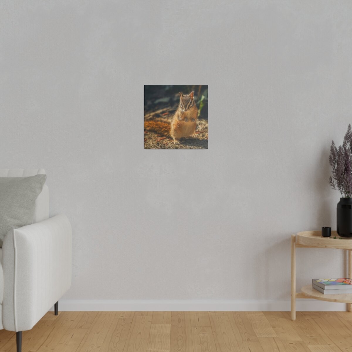 Cute chipmunk posing in adorable wildlife photography moment, printed on canvas. Perfect for nature enthusiasts and home décor.
