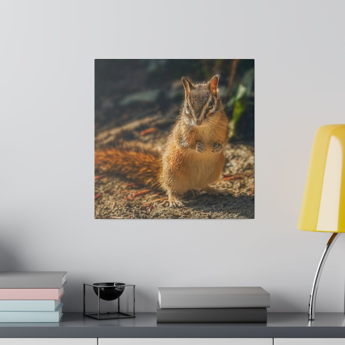 Cute chipmunk posing in adorable wildlife photography moment, printed on canvas. Perfect for nature enthusiasts and home décor.