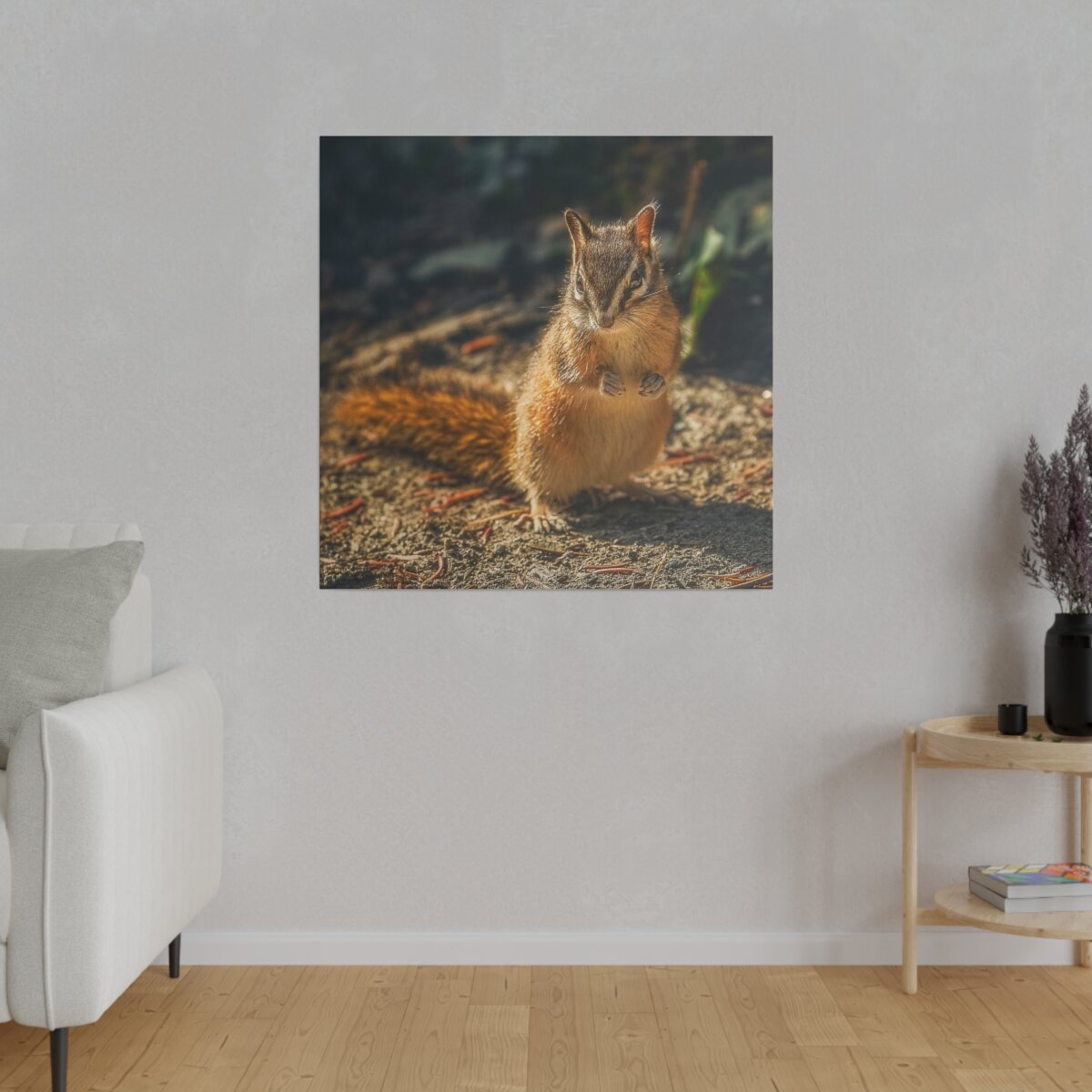 Cute chipmunk posing in adorable wildlife photography moment, printed on canvas. Perfect for nature enthusiasts and home décor.