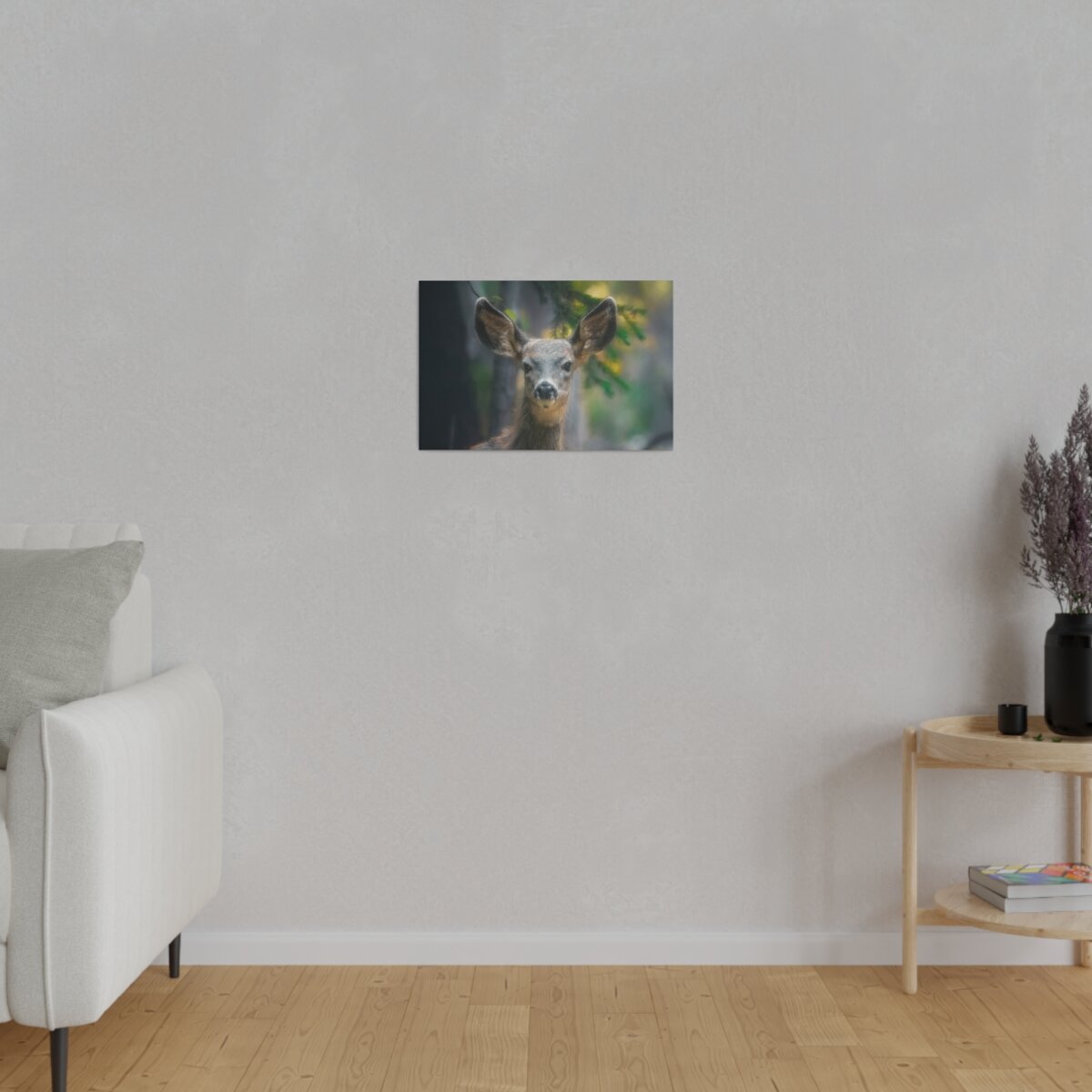 Front view of a canvas print featuring a closeup shot of an adorable, inquisitive deer fawn nestled in the forest. Premium wildlife photography wall art.