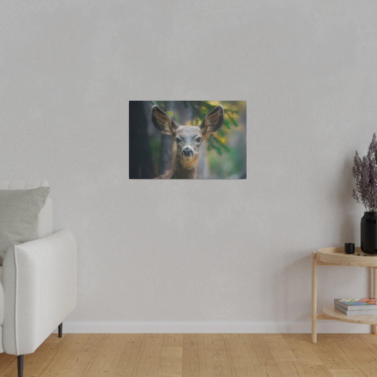Front view of a canvas print featuring a closeup shot of an adorable, inquisitive deer fawn nestled in the forest. Premium wildlife photography wall art.