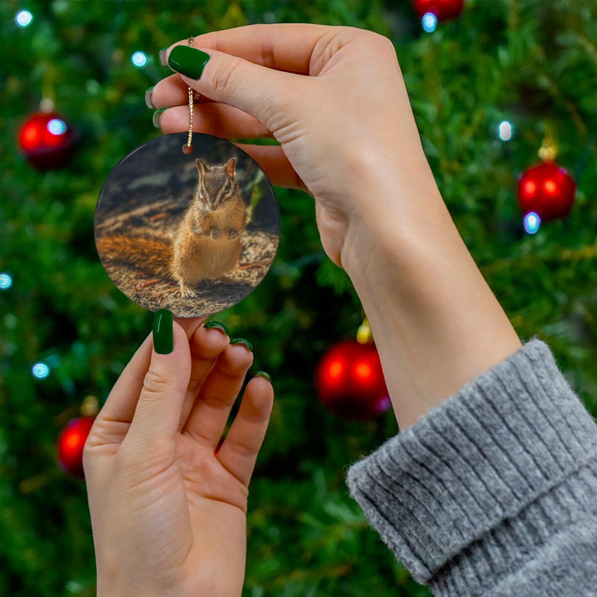 Double-sided woodland creatures ornament - premium porcelain Christmas ornament with a cute chipmunk on the front and a squirrel on the back, versatile for year-round or festive décor.
