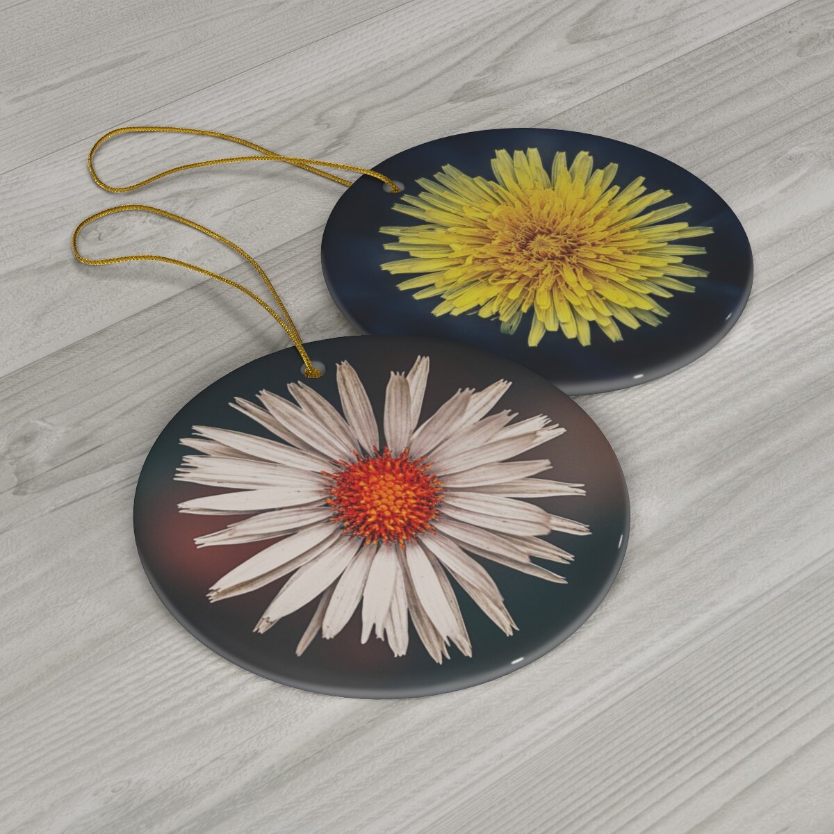 Dual-sided porcelain ornament displaying a subalpine daisy on the front and a dandelion on the back, both in stunning detail.