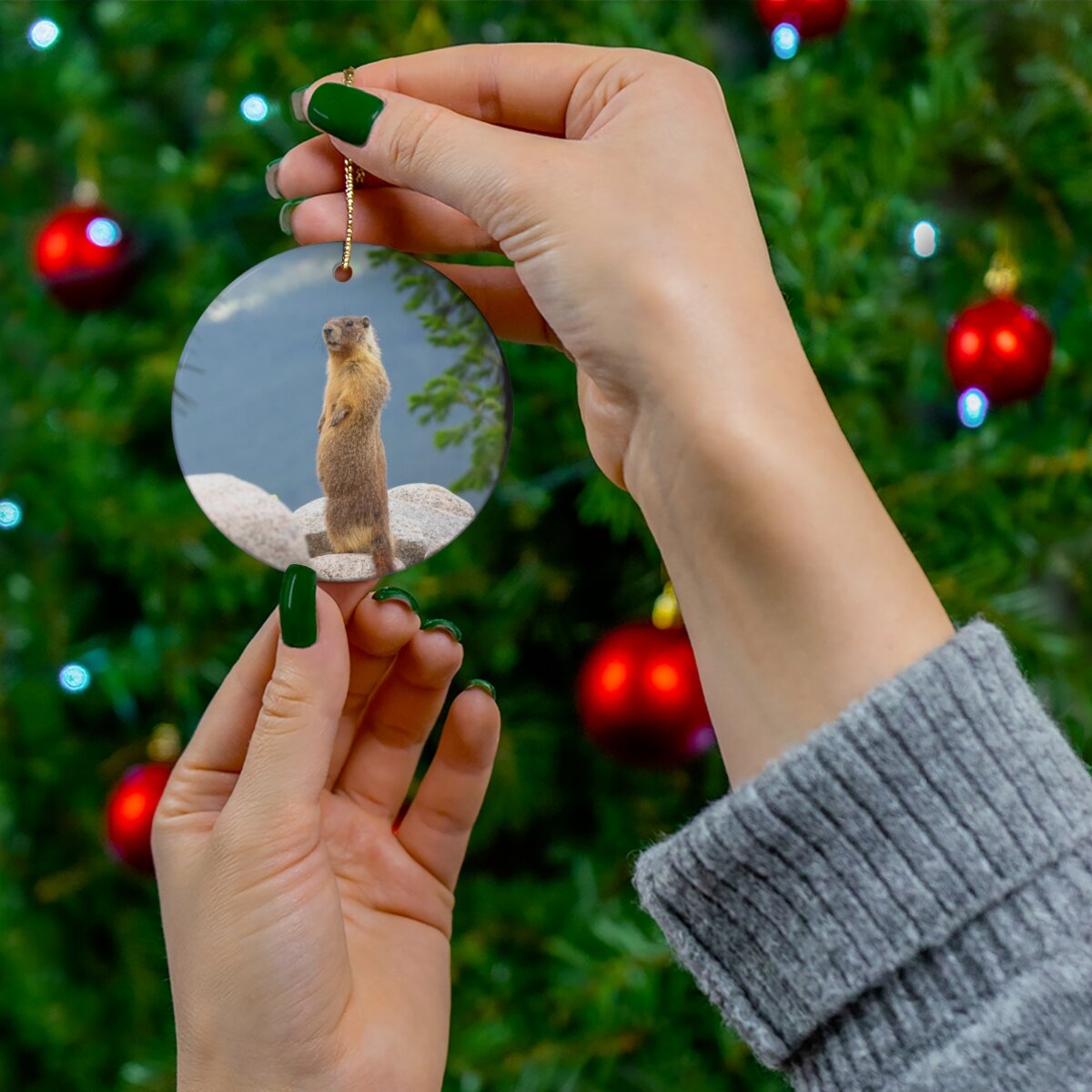 Double-sided porcelain ornament showcasing a standing marmot on one side and a sitting marmot on the other.