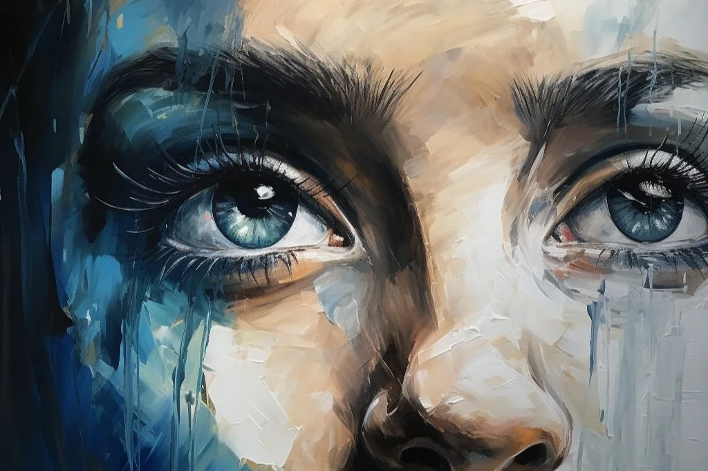 Close-up of a painting of a woman's face, focusing on her blue eyes and dark eyelashes, with an abstract background.
