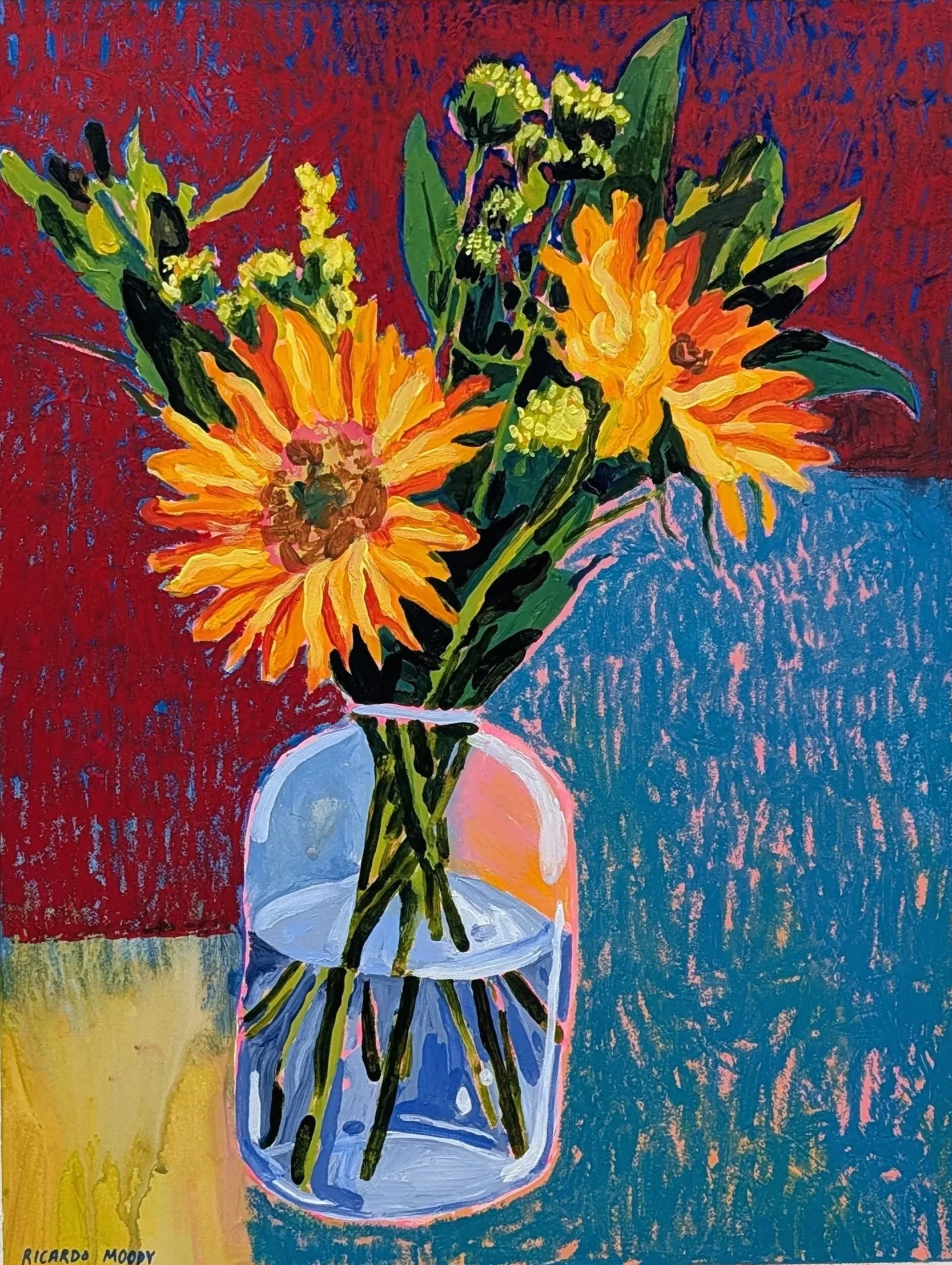 Table With Flowers - acrylic and oil pastel on Colorfix board, 16x20 inches