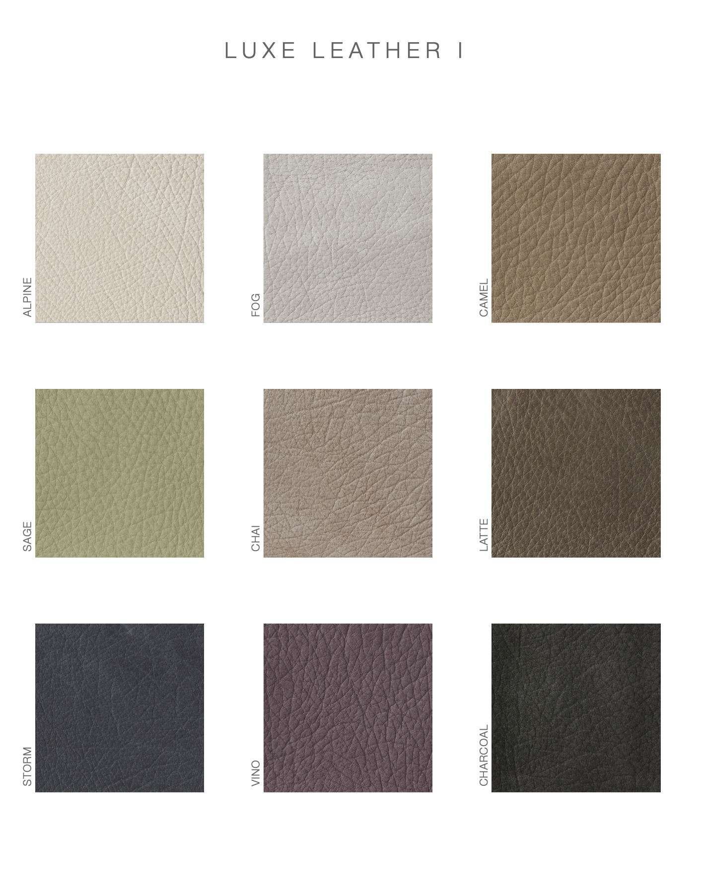 Luxe Leather I color swatches featuring Alpine, Fog, Camel, Sage, Chai, Latte, Storm, Vino, and Charcoal.