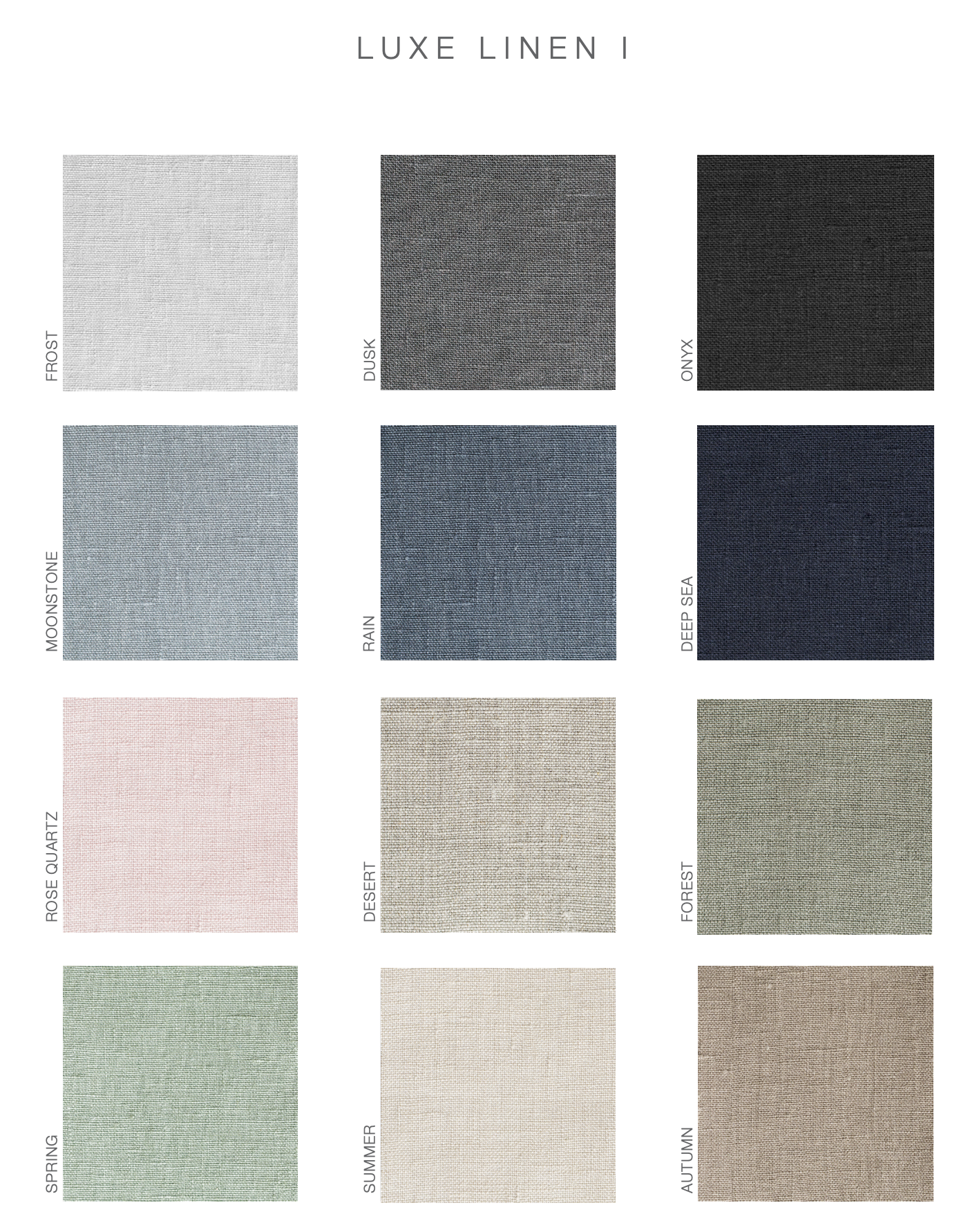 Collection of fabric color swatches labeled as Luxe Linen I, featuring shades named Frost, Dusk, Onyx, Moonstone, Rain, Deep Sea, Rose Quartz, Desert, Forest, Spring, Summer, and Autumn.