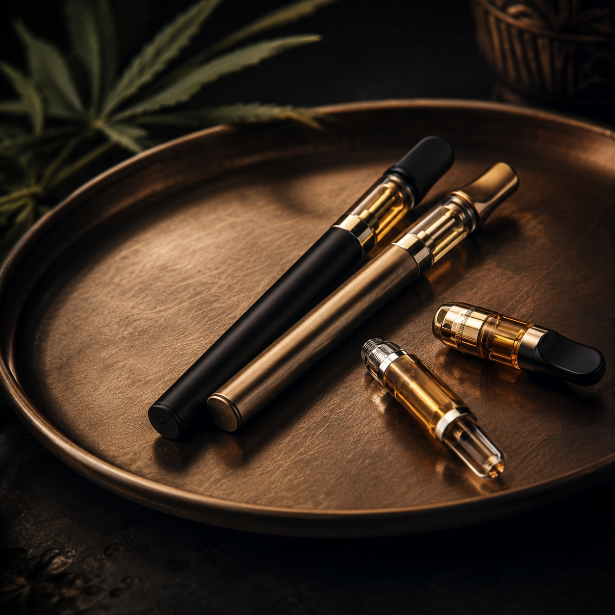 A tray holding various vaping devices and cartridges, with a cannabis leaf partially visible in the background.