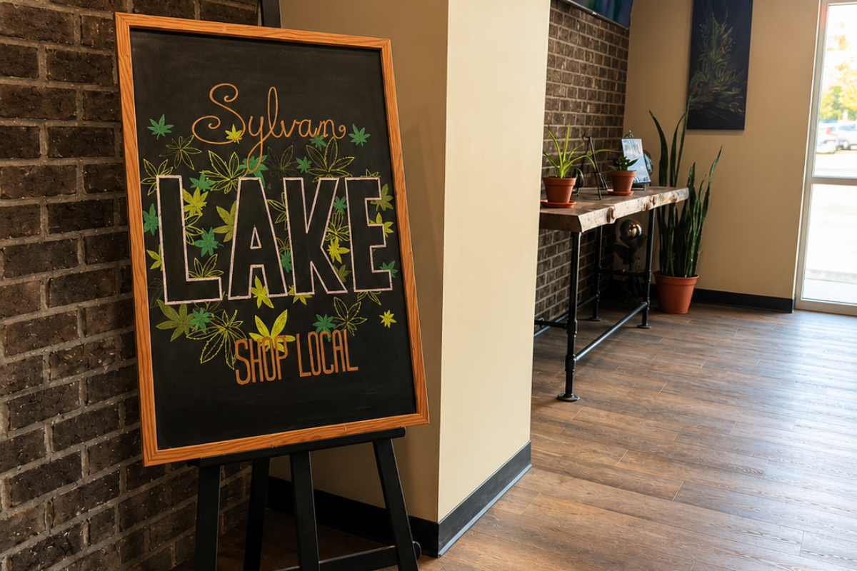 A chalkboard sign on an easel inside a shop, reading 'Sylvan Lake Shop Local' with decorative green leaves and cannabis leaf illustrations, positioned next to a brick wall and near a wooden table with potted plants.