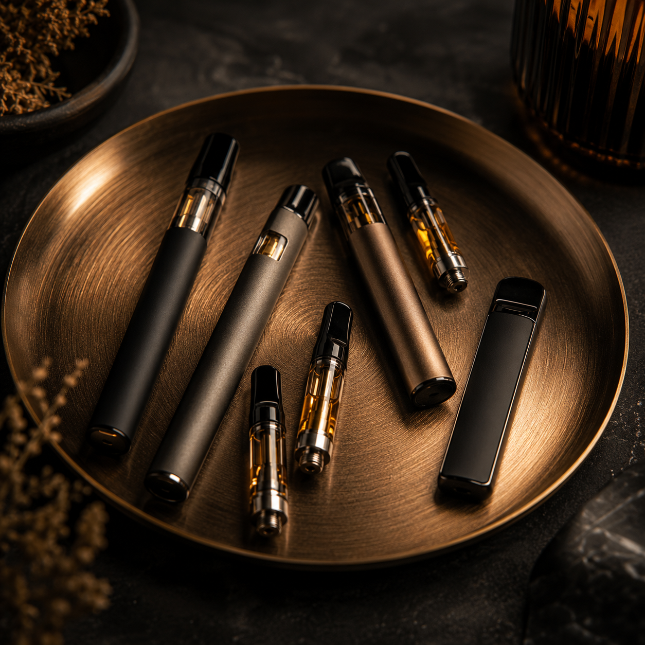 Assorted vape pens placed on a round, gold-colored tray, with a black background and some dried decorative plants visible in the corner.