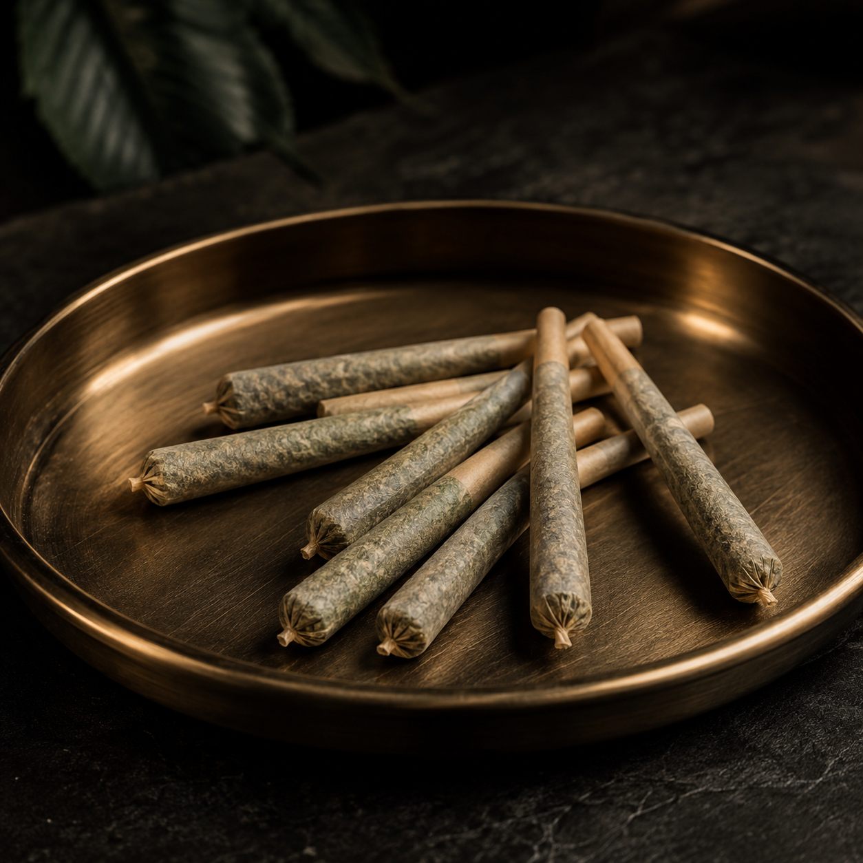 A round metal tray with several rolled cannabis joints