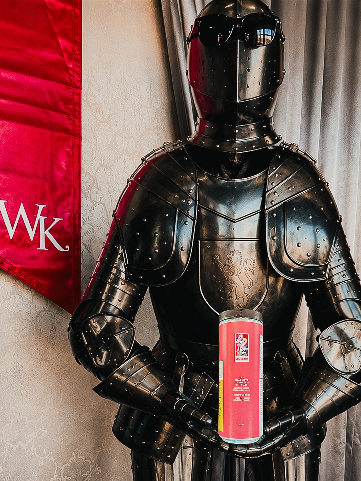 A suit of medieval-style armor with a lion emblem on the chest is displayed next to a red flag with the letters 'WK' on it. The armor is silver and shiny, with sunglasses placed on the helmet’s visor. There is a pink cylindrical object in front of the armor.