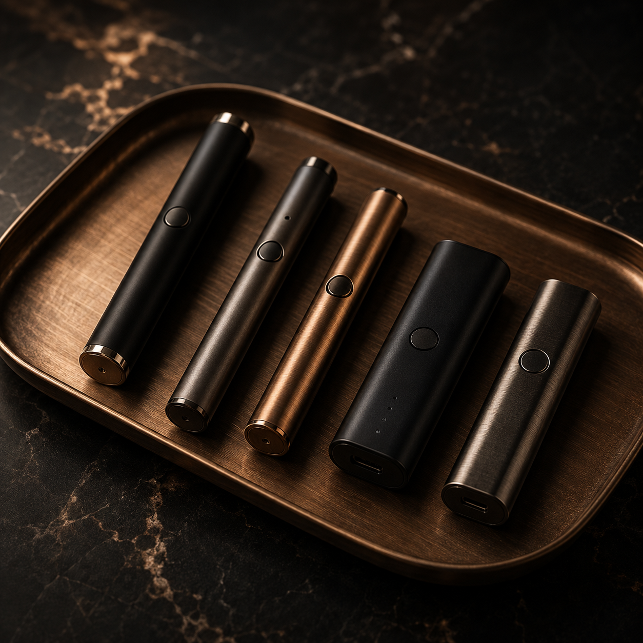 A wooden tray holding five portable electronic devices, including two black, one bronze, and two gray cylindrical gadgets with circular buttons, on a dark marble surface.