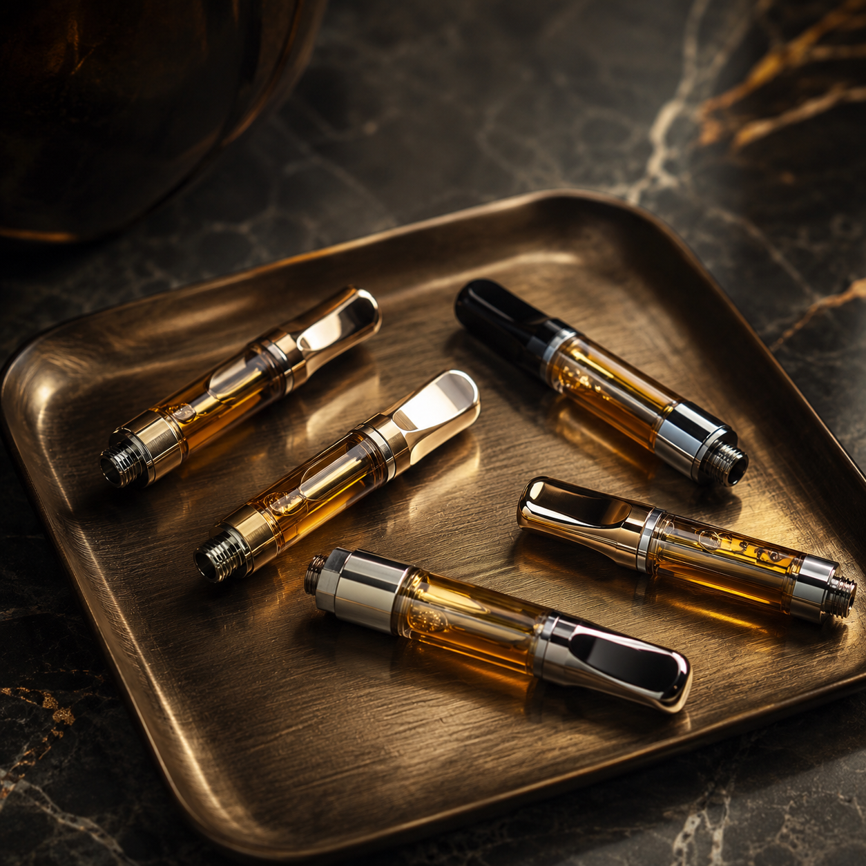 A bronze tray holding six luxury vape pens with metallic accents and clear tanks, resting on a dark marble surface.