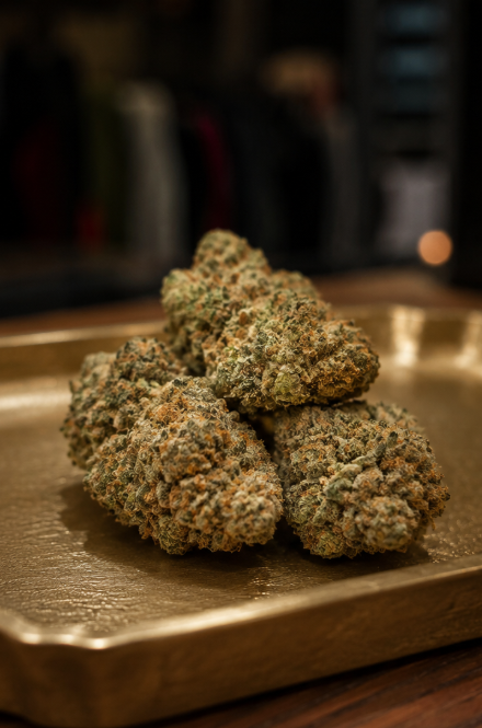 A pile of cannabis buds on a metal tray in Weed Kings, located at 130-1 Iron Gate Boulevard, Sylvan Lake