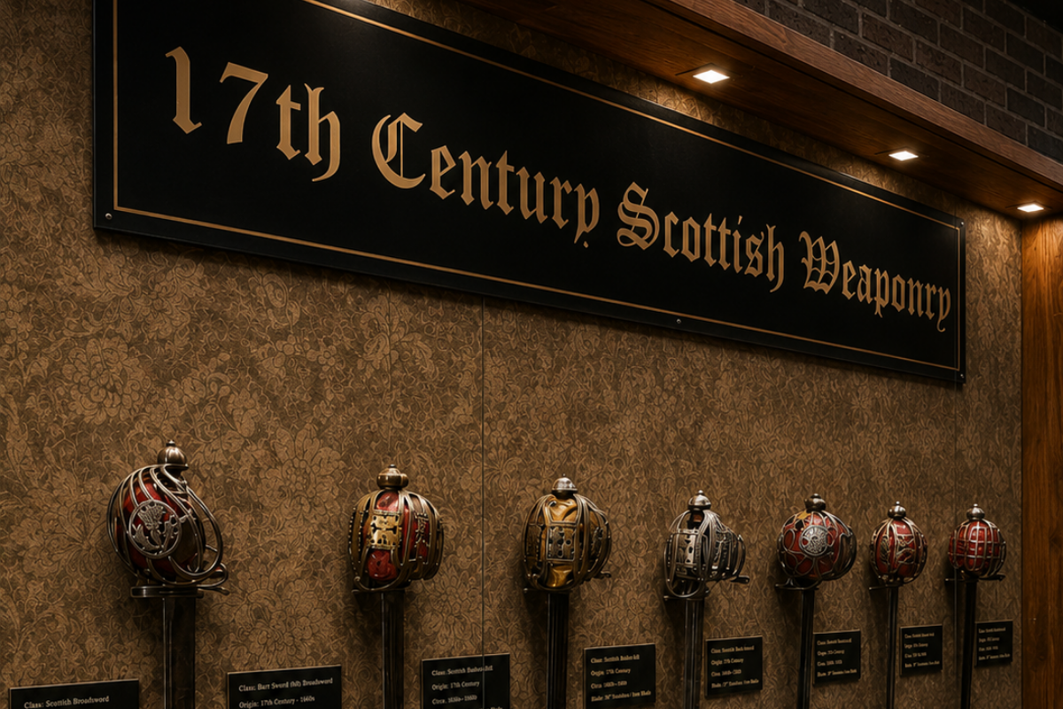 Display of Scottish broadsword weaponry in a museum, with a sign above reading '17th Century Scottish Weaponry.'