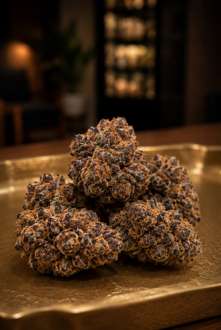 Close-up of a pile of cannabis buds on a gold tray in Weed Kings, located at 130-1 Iron Gate Boulevard, Sylvan Lake