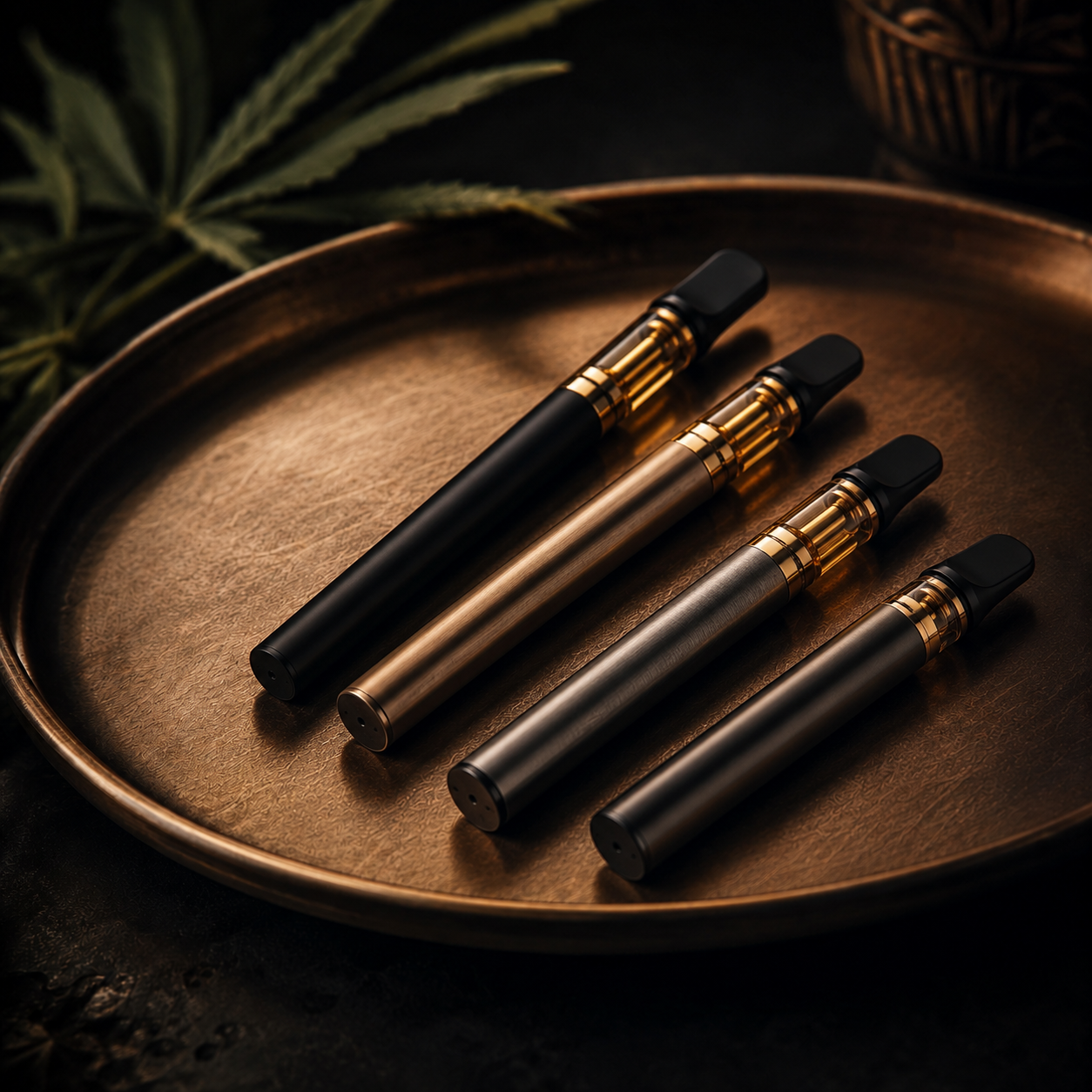 Four sleek vaping devices with black mouthpieces and metallic bodies, arranged on a round copper tray with a cannabis leaf in the background.