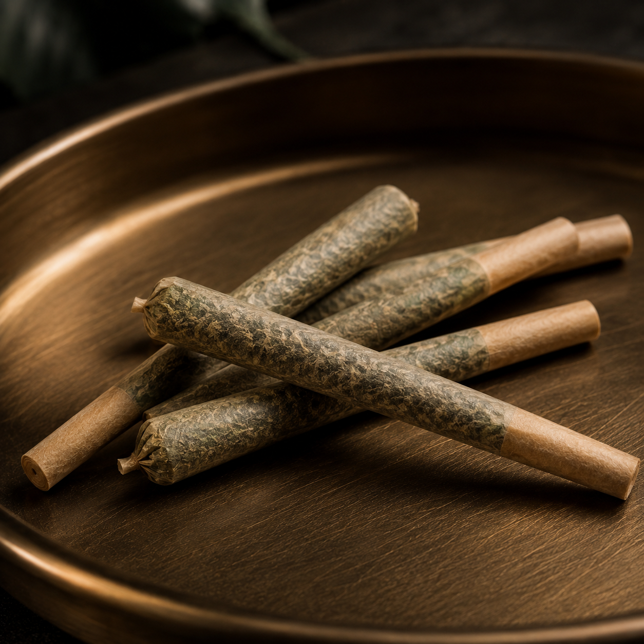 Four cannabis joints placed on a brass tray.