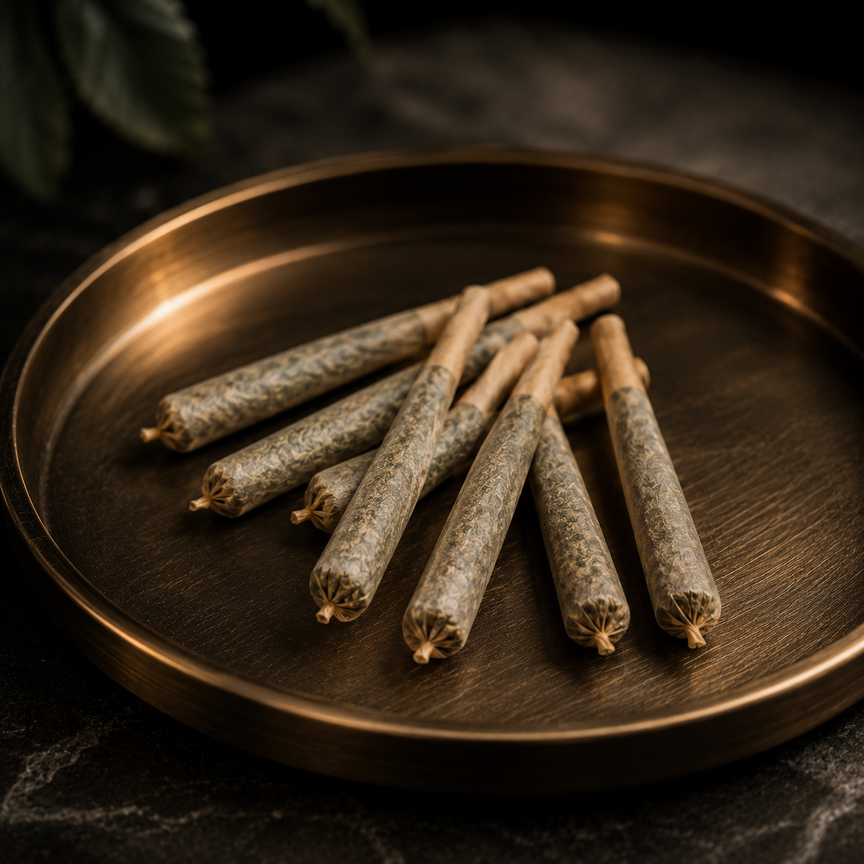 A bronze tray holding several cannabis joints