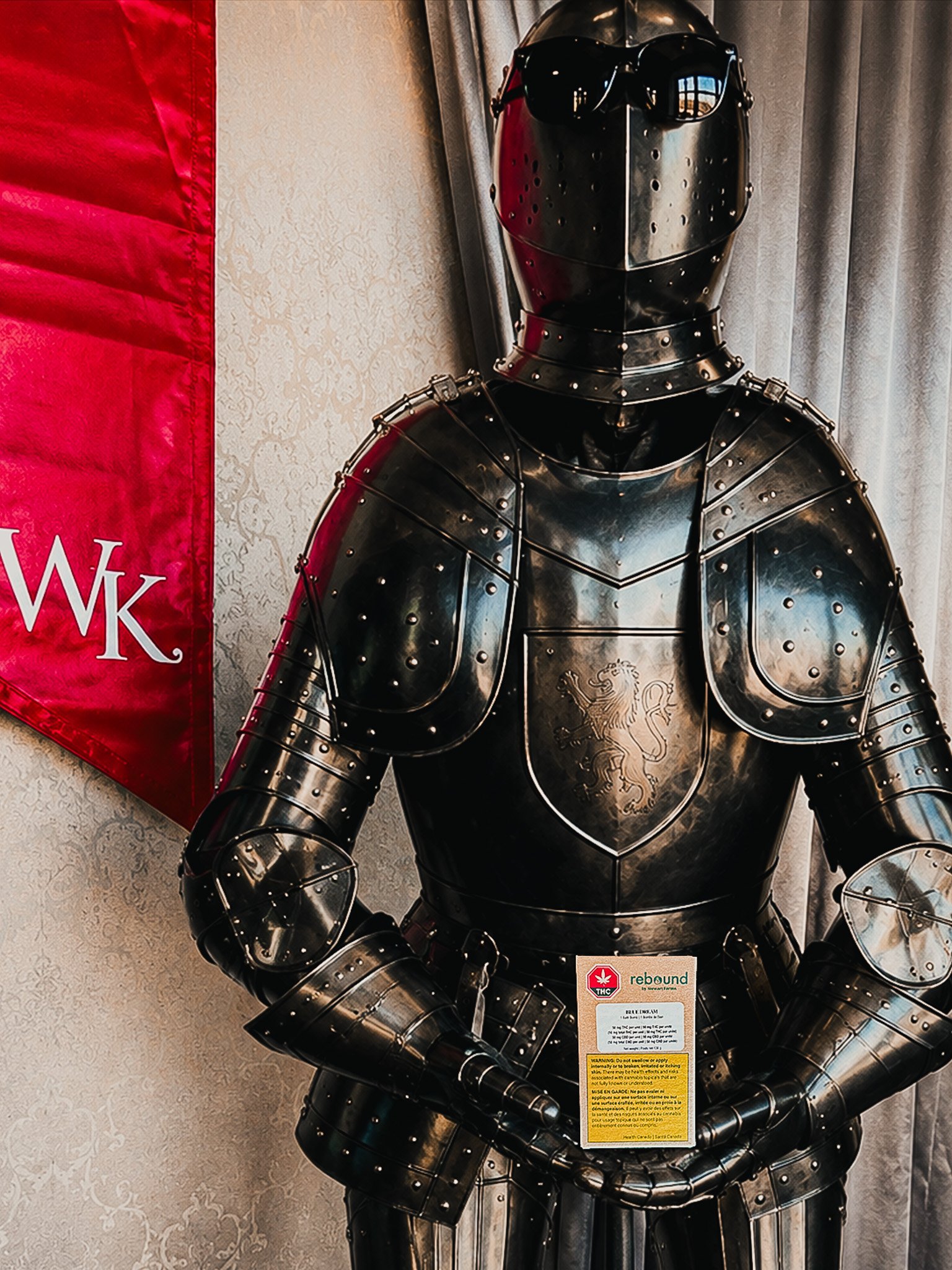 A suit of shiny metallic armor resembling a knight's armor, with a crest of a lion on the chest, is displayed on a mannequin. On the right side of the armor, there is a red banner with white text and initials. The armor is shown indoors with curtains and a patterned wall in the background.