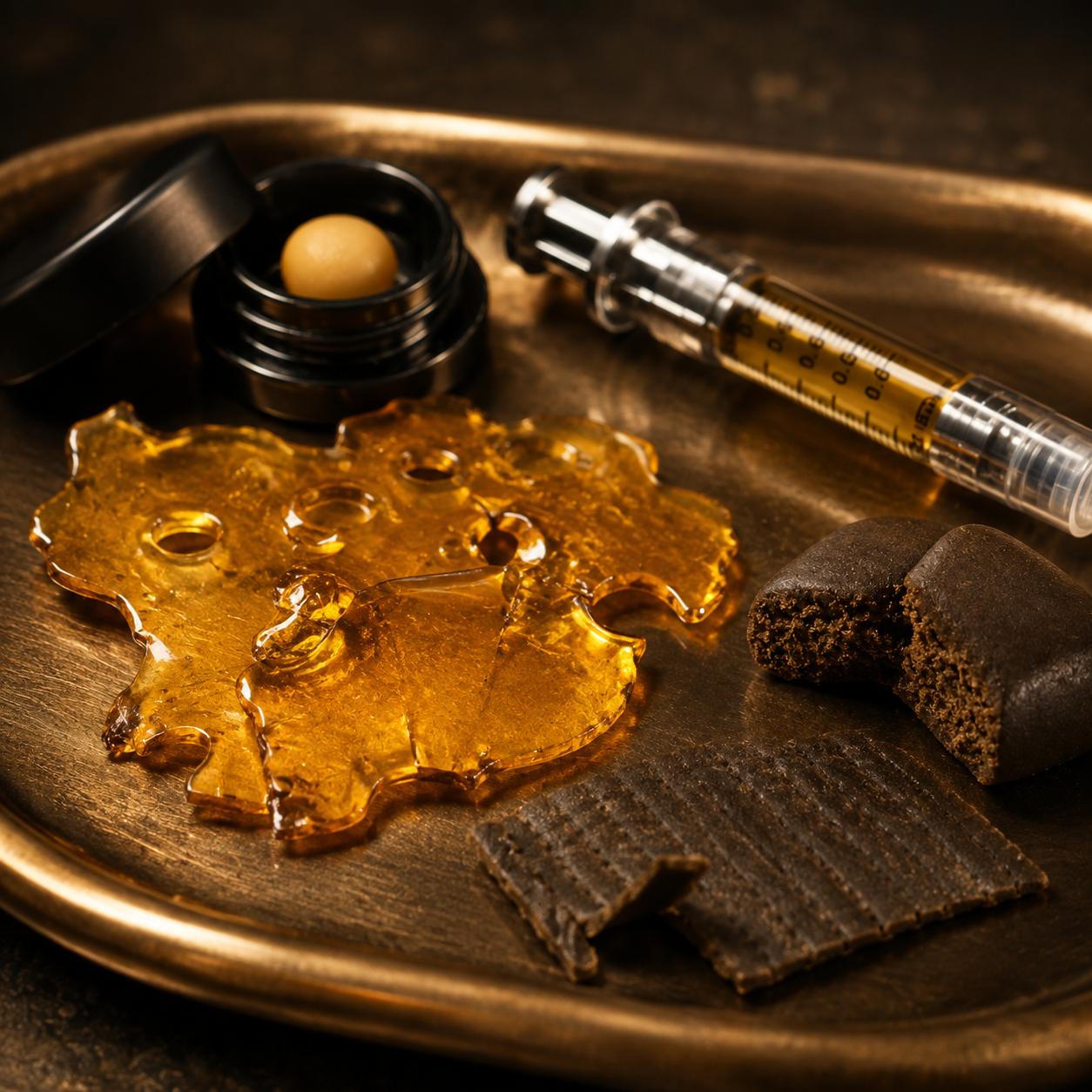 Medical items on a tray, including a syringe of cannabis oil, THC gummies, and hash concentrates