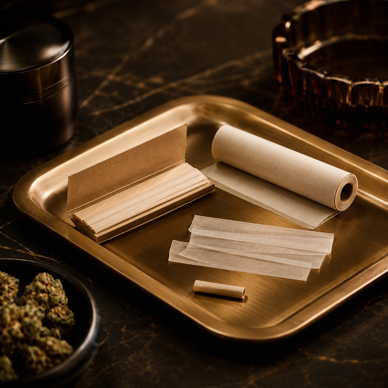 A gold-colored tray with parchment paper, rolling paper, and paper strips, on a dark marble surface, with a black container and a brown object partially visible in the background.