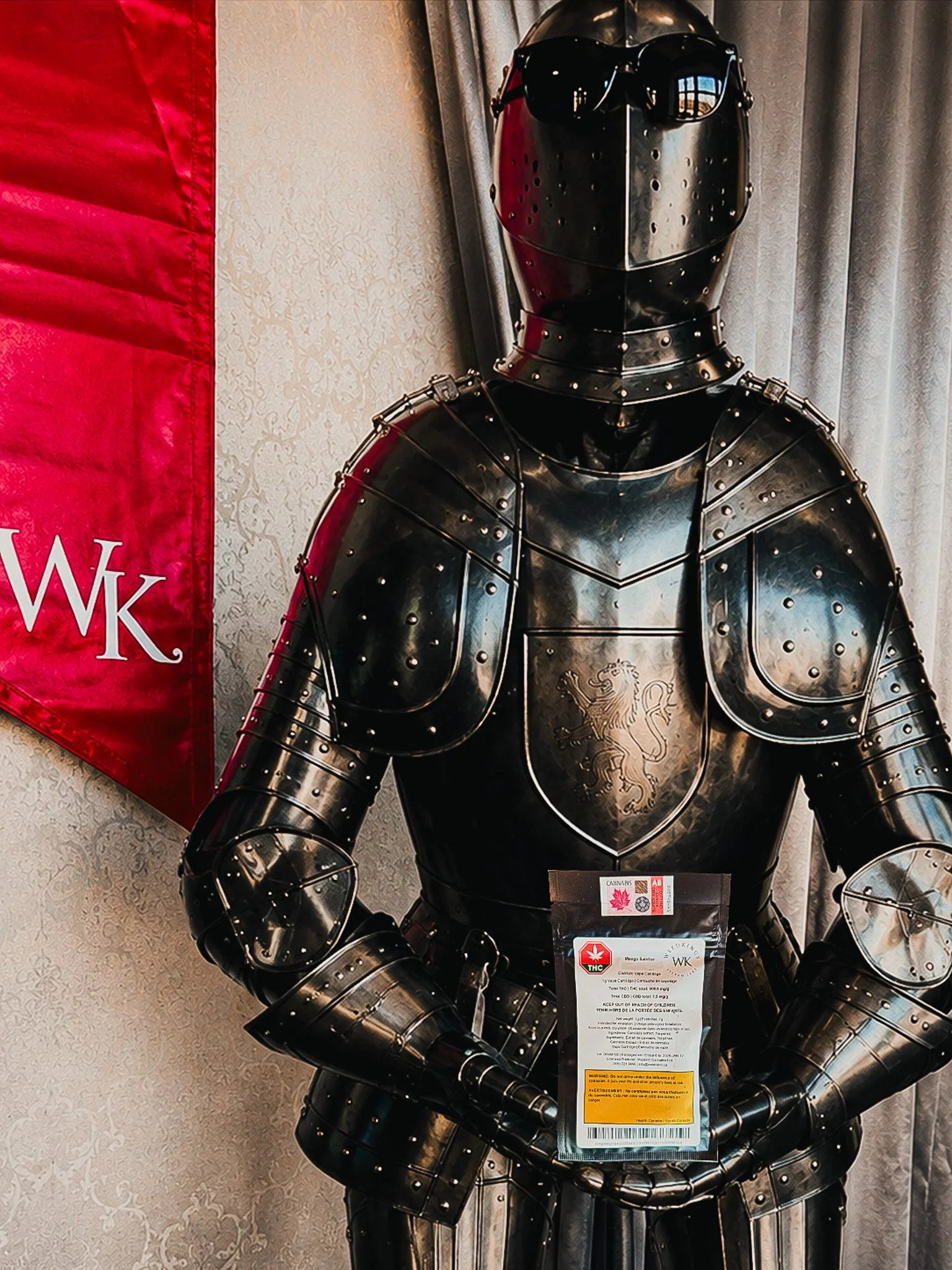 A suit of medieval armor with a lion crest on the chest, displayed indoors next to a red banner and gray curtains.