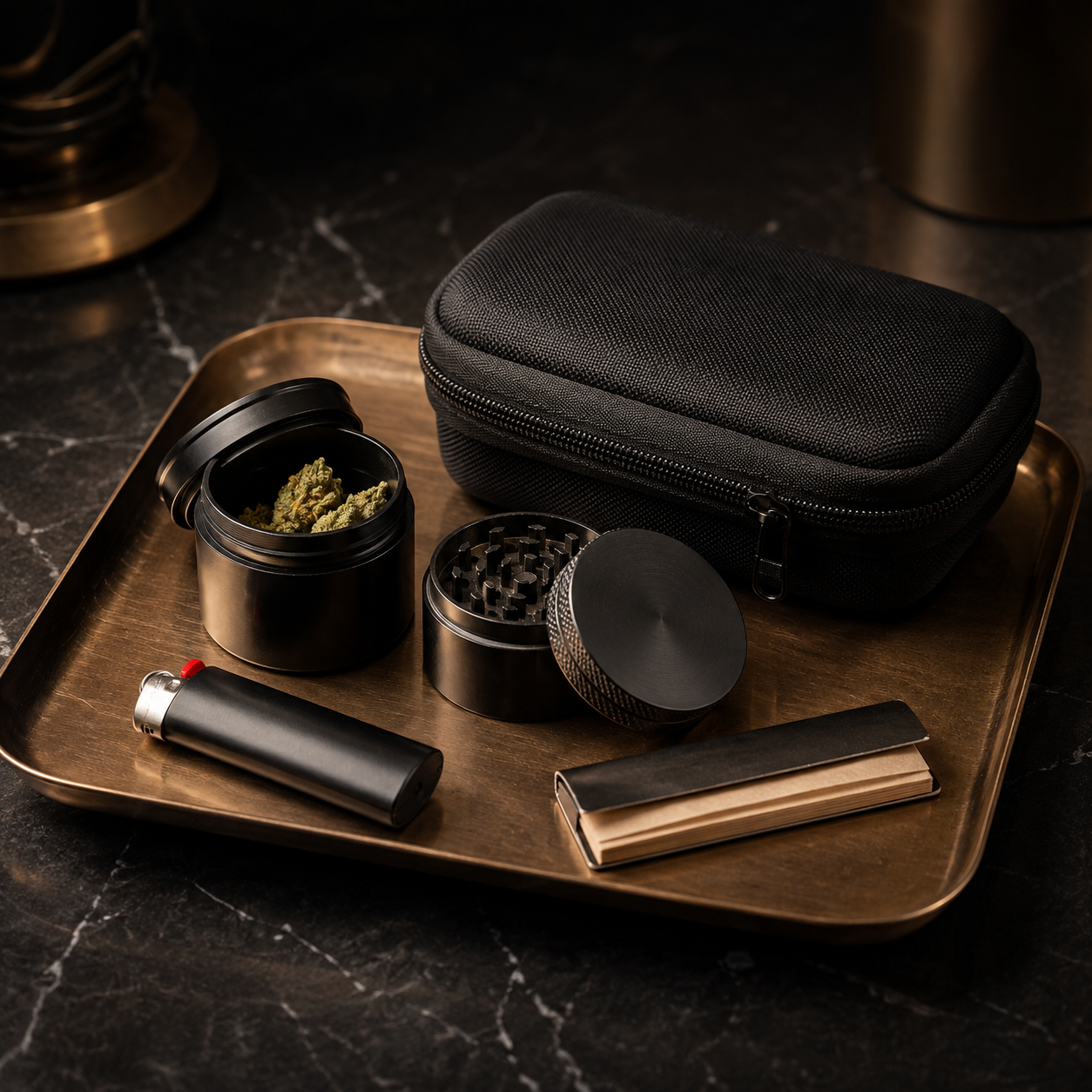 A black container of cannabis buds, a grinder, a black portable vaporizer, a small notebook, and a black carrying case are arranged on a gold tray on a dark marble surface.