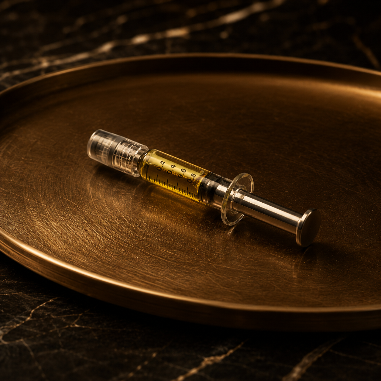 A syringe filled with cannabis oil resting on a round, bronze-colored tray.