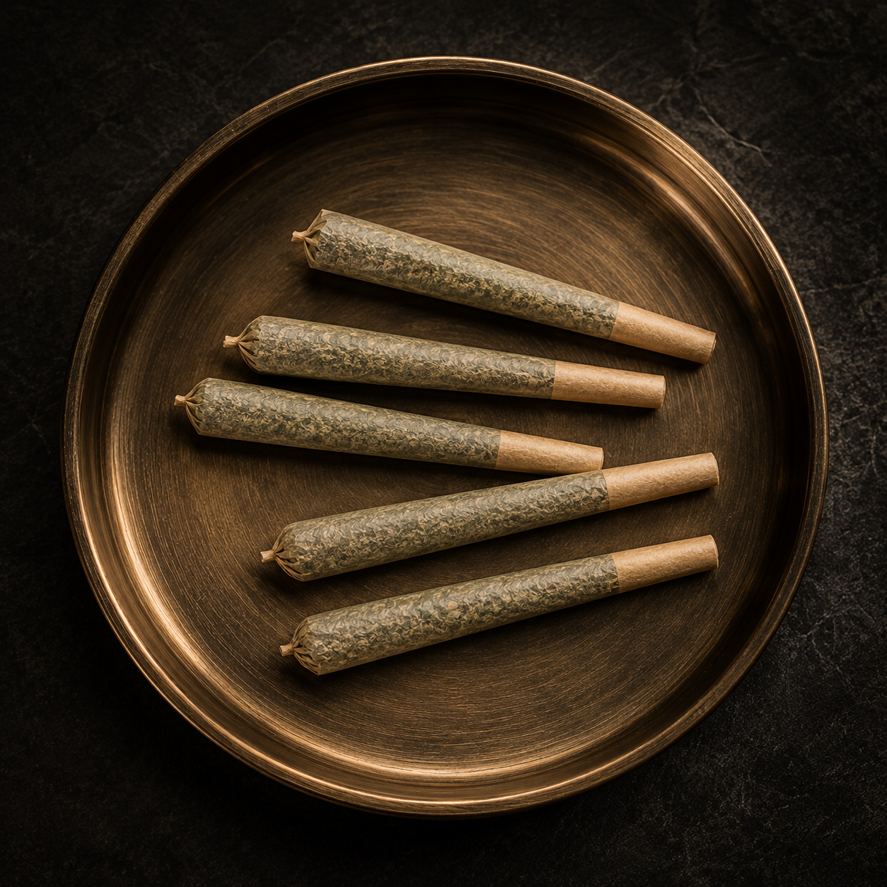 A round wooden tray with six cannabis rolled joints