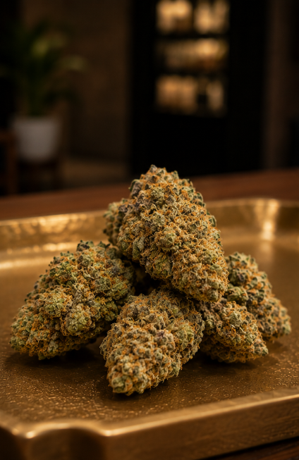 A pile of cannabis buds on a brass tray in a room with wooden furniture and a potted plant in the background.
