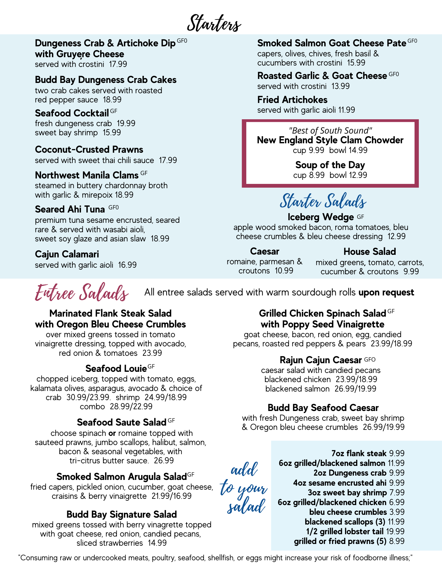 Dinner Menu Percival Landing Budd Bay Cafe