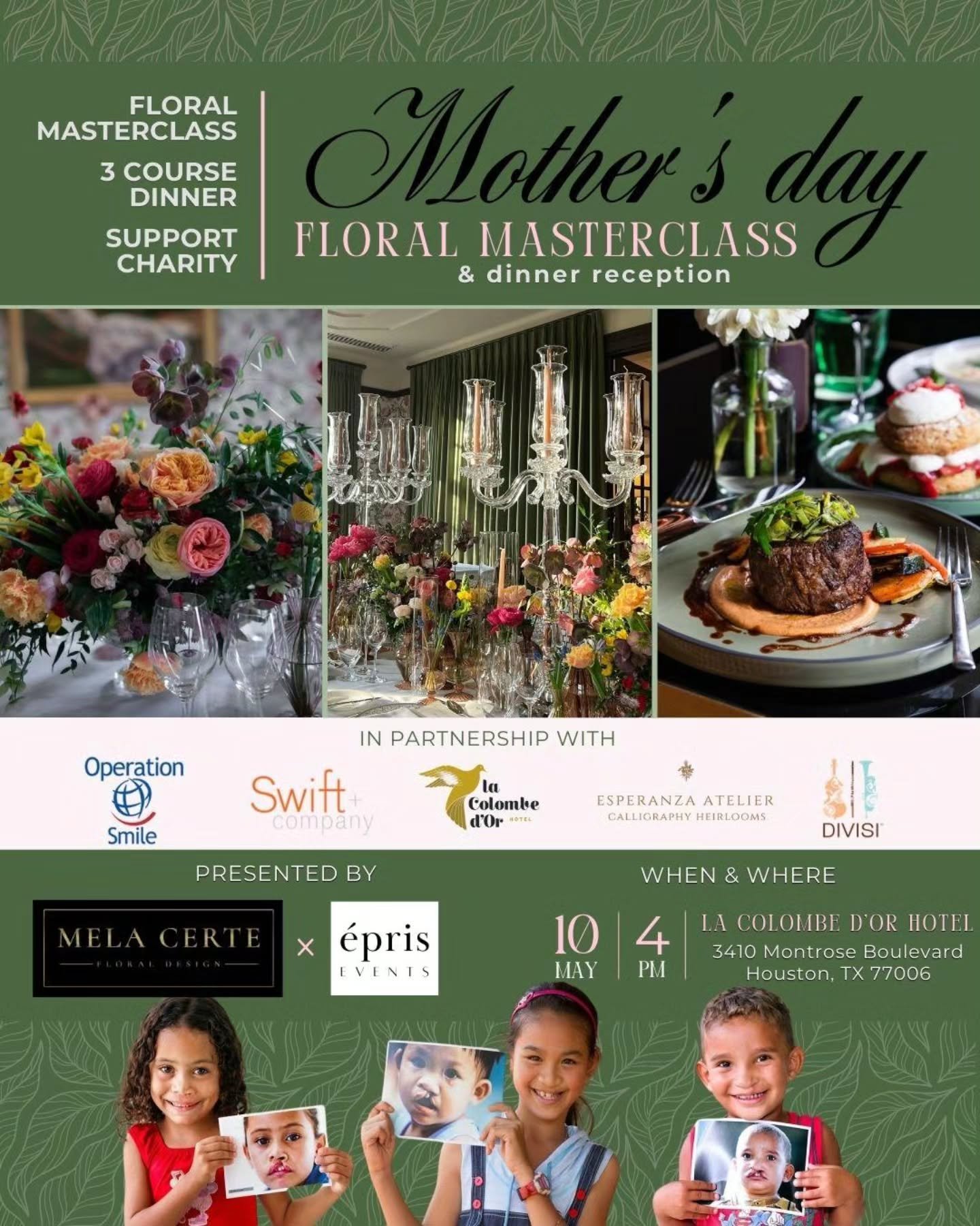 This Mother's Day let's bring together a smile on a child face supporting the wonderful organisation @operationsmilehouston where all the proceeds will go.
Join us this Saturday the 10th of May, from 4pm at the beautiful hotel @lacolombedorhtx fo