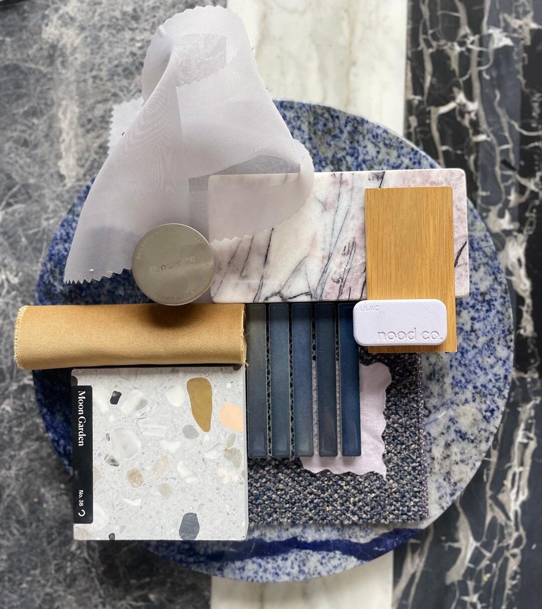 Happy Friday Flat-lay, design lovers!​​​​​​​​​
With a beautiful blue granite base, this HD flat-lay is a mixed palette of blues, purples and caramels. 

Surrounded by fabulous materials from our favourite suppliers sometimes you can't help but drop e