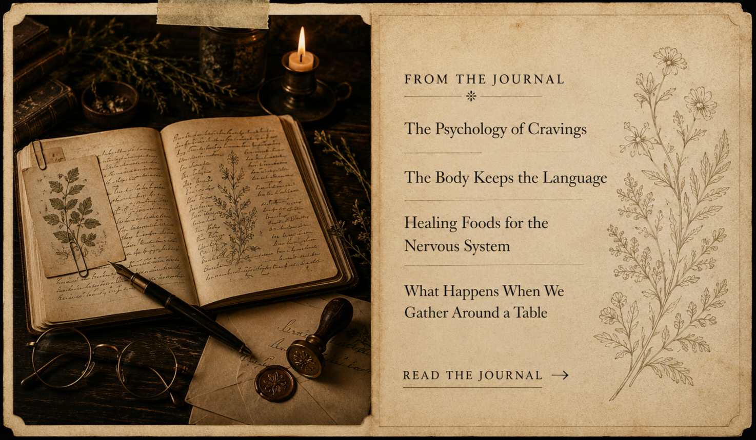 Open journal with handwritten notes and botanical sketches, surrounded by vintage items and a lit candle, on a dark wooden surface.