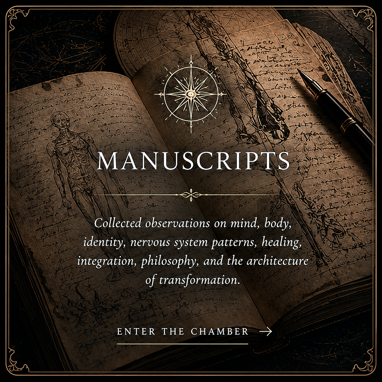 An open ancient manuscript with scientific and anatomical illustrations, a pen resting on the page, and a compass overlay, with text about manuscript collections.