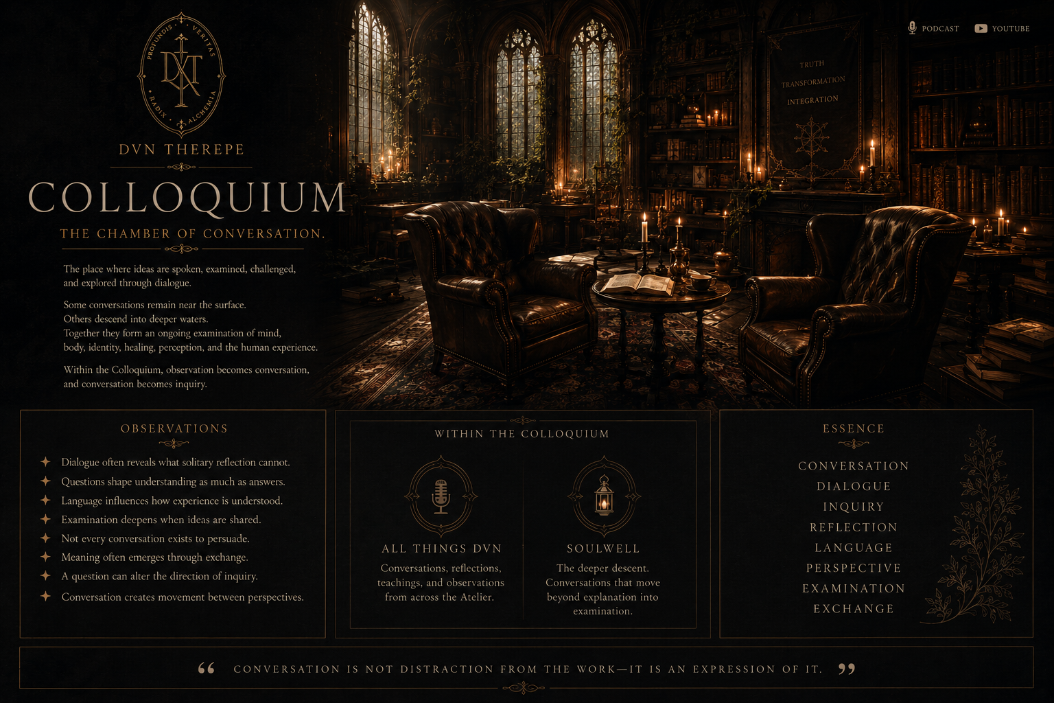 A dark, cozy library with large stained glass windows, wooden shelves filled with books, and several lit candles on tables. Two leather armchairs face each other, with an open book and teacups between them. The space has an elegant, mystical atmosphere.