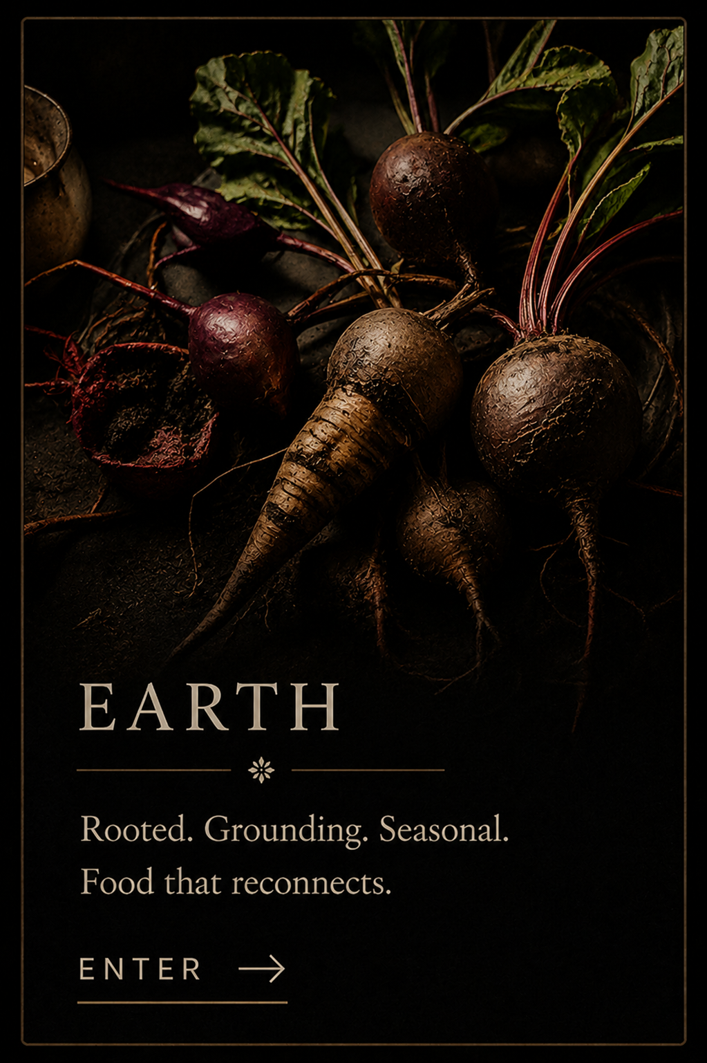 A collection of colorful beets with green leaves and roots, laid on a dark surface, with the word 'EARTH' and a tagline promoting root vegetables and seasonal, reconnecting food in a dark-themed, minimalist design.