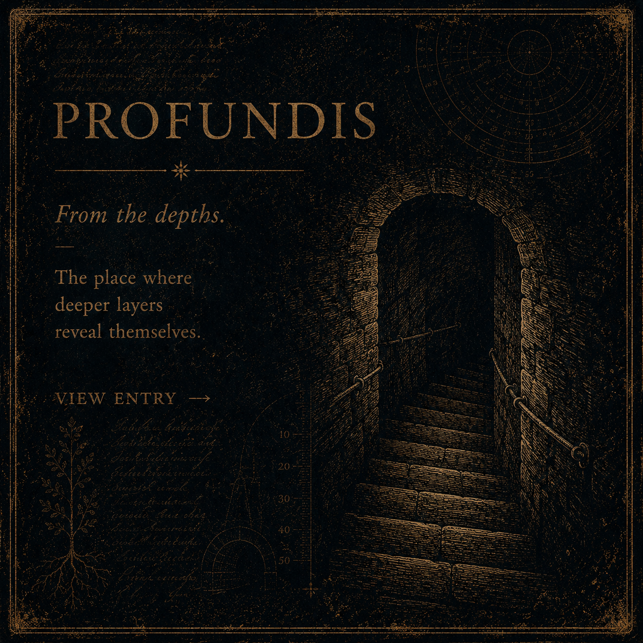 Dark vintage-style poster with an illustration of an underground staircase and a gate. Text reads 'PROFUNDIS From the depths. The place where deeper layers reveal themselves. VIEW ENTRY'.