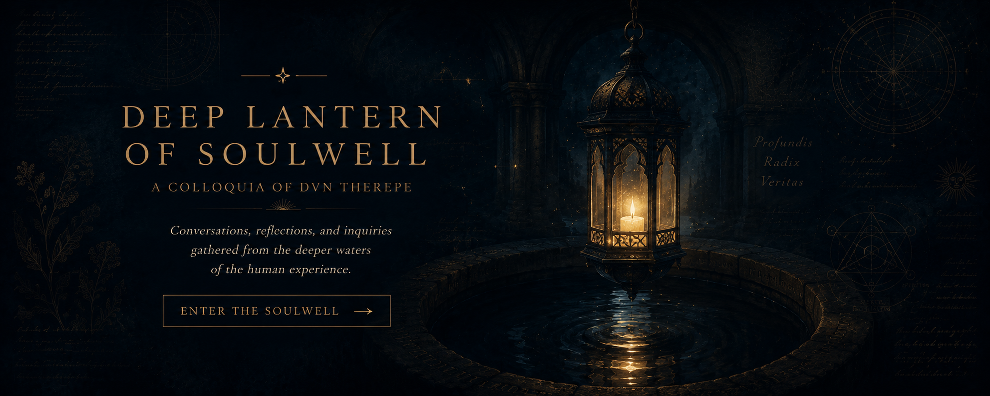 A dark, mystical digital art scene featuring a glowing candle inside an ornate lantern hanging above a water basin. The background includes symbols, constellations, and handwritten text, with the words 'Deep Lantern of Soulwell' and a subtitle promoting conversations and reflections from the deeper waters of the human experience.